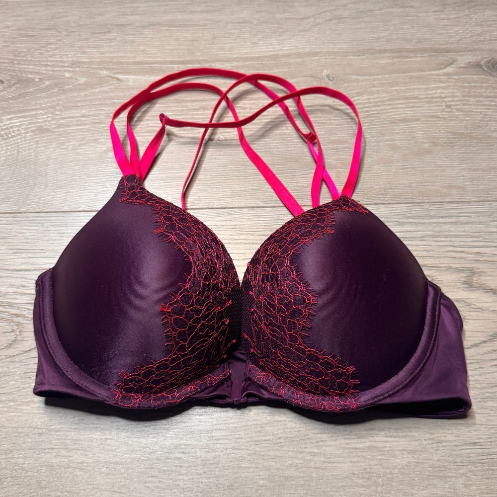 Victoria's Secret Plunge Bra 32B‎ Purple Lace Push Up 2 Sizes Strappy Very Sexy